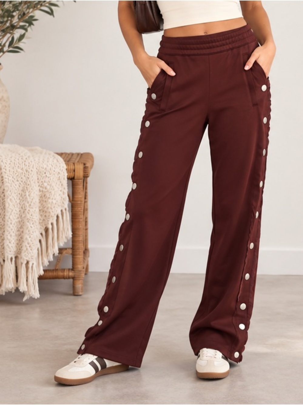 Tory Burch Sport Maroon Snap-Trim Wide Leg Y2K 70’s Track Pants XS P